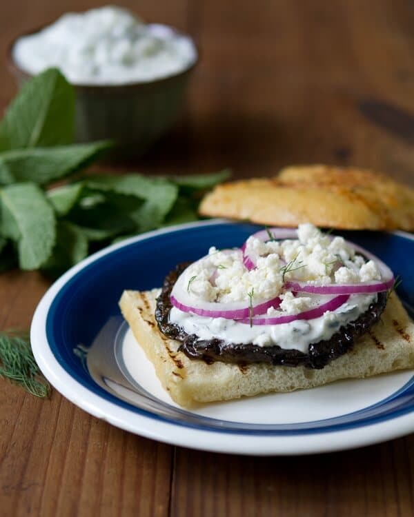 Grilled portobello burger with tzatziki