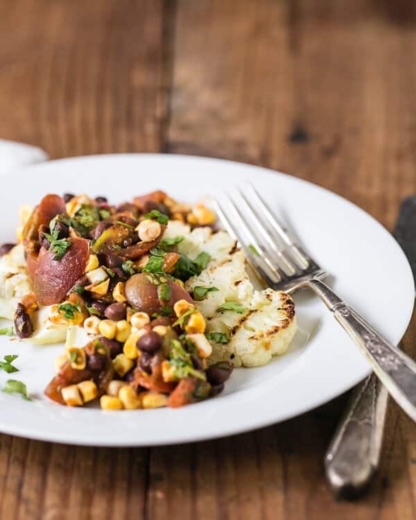 Vegan grilled cauliflower steak with fresh corn salsa