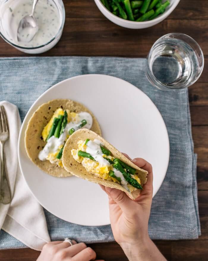 Ricotta Scrambled Egg and Asparagus Tacos | A Couple Cooks