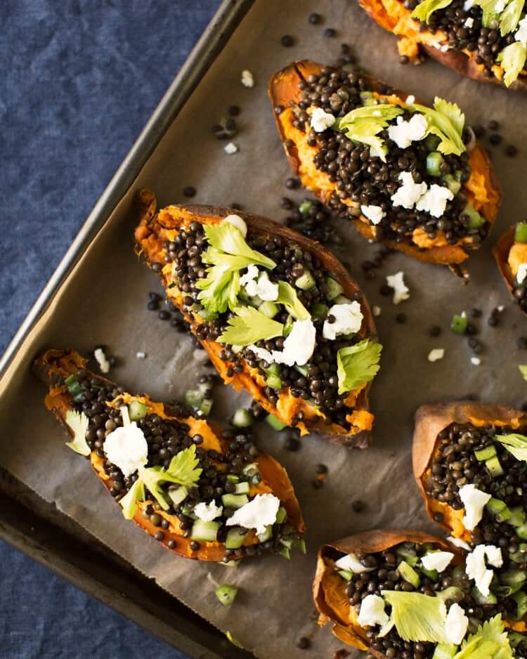 Lentil and Goat Cheese Stuffed Sweet Potatoes | Sweet potato dinner recipe