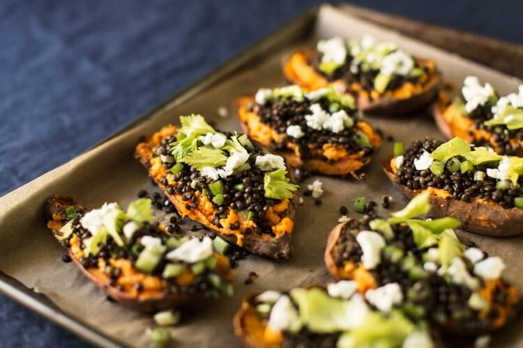 Lentil and Goat Cheese Stuffed Sweet Potatoes | Sweet potato dinner recipe