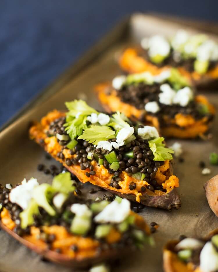 Lentil and Goat Cheese Stuffed Sweet Potatoes | Sweet potato dinner recipe