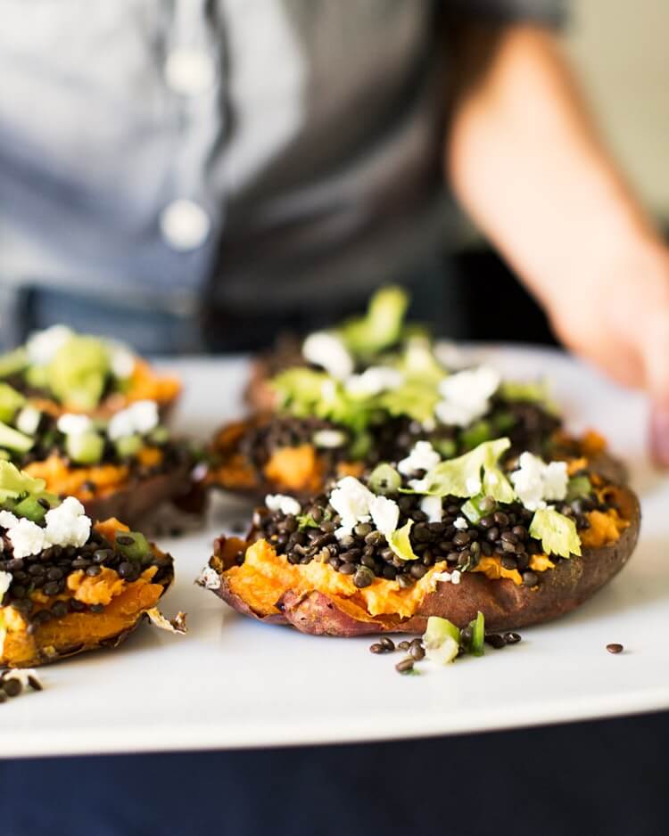 Lentil and Goat Cheese Stuffed Sweet Potatoes | Sweet potato dinner recipe