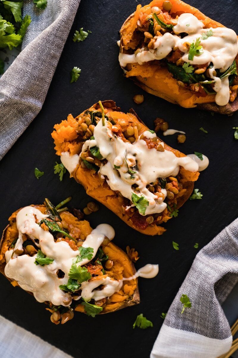 Healthy baked sweet potato with Moroccan lentils