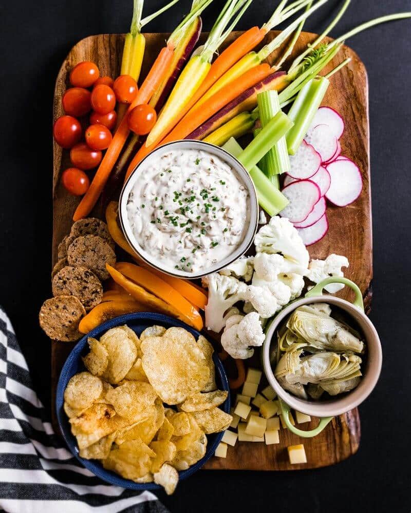 Happy Hour Platter with Caramelized Onion Dip | A Couple Cooks via Platters and Boards