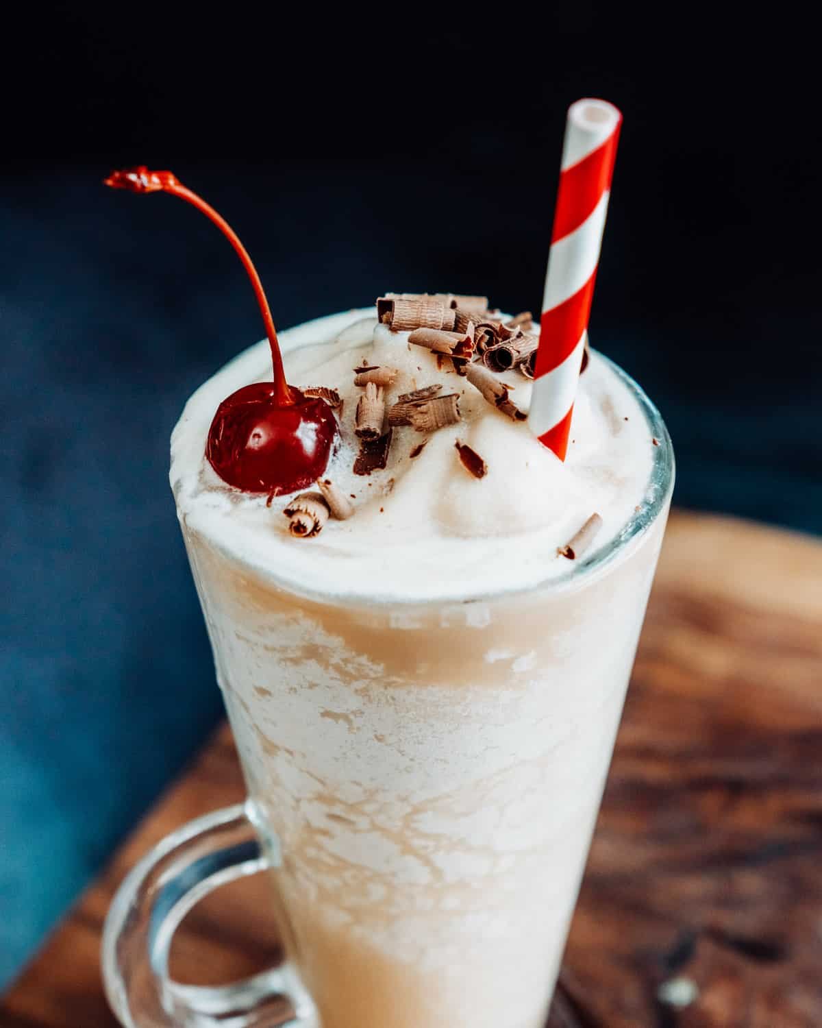 Bushwacker Drink in glass with chocolate shavings and cherry