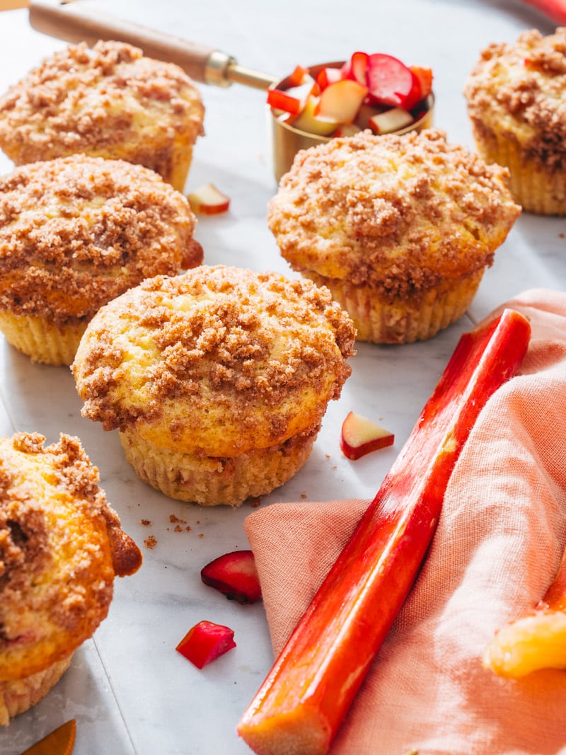 Rhubarb muffins recipe with rhubarb stalks.