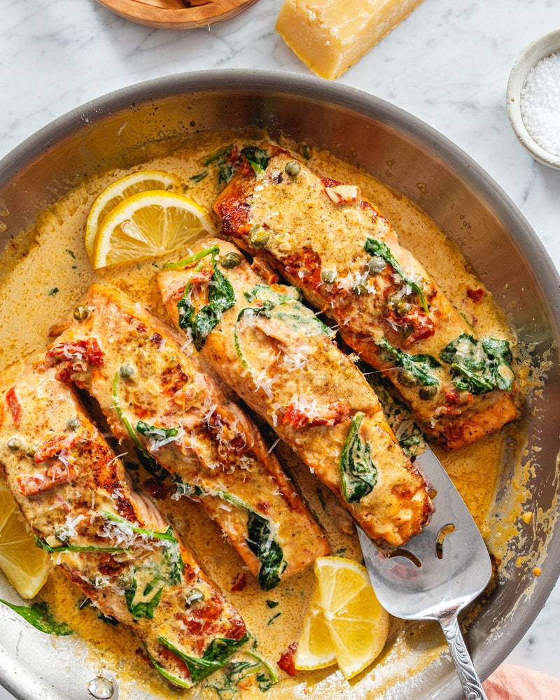 Creamy Tuscan Salmon in pan