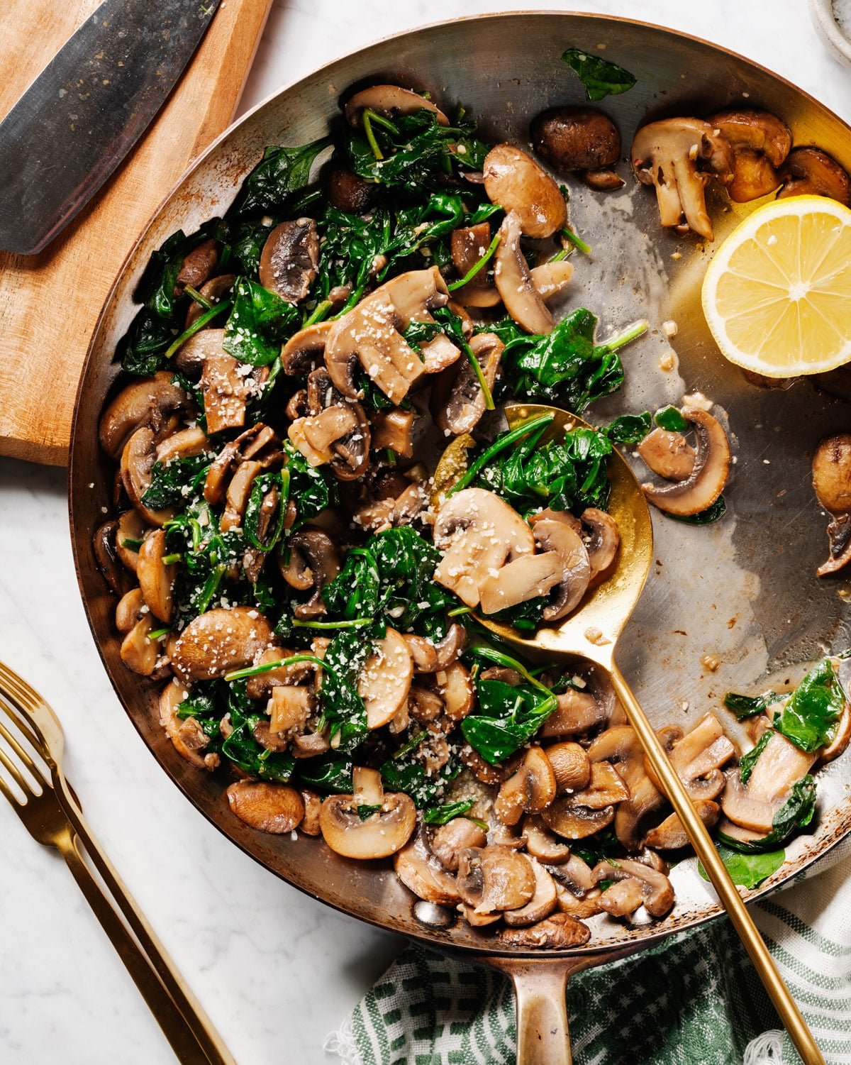 Sauteed Mushrooms and Spinach in skillet