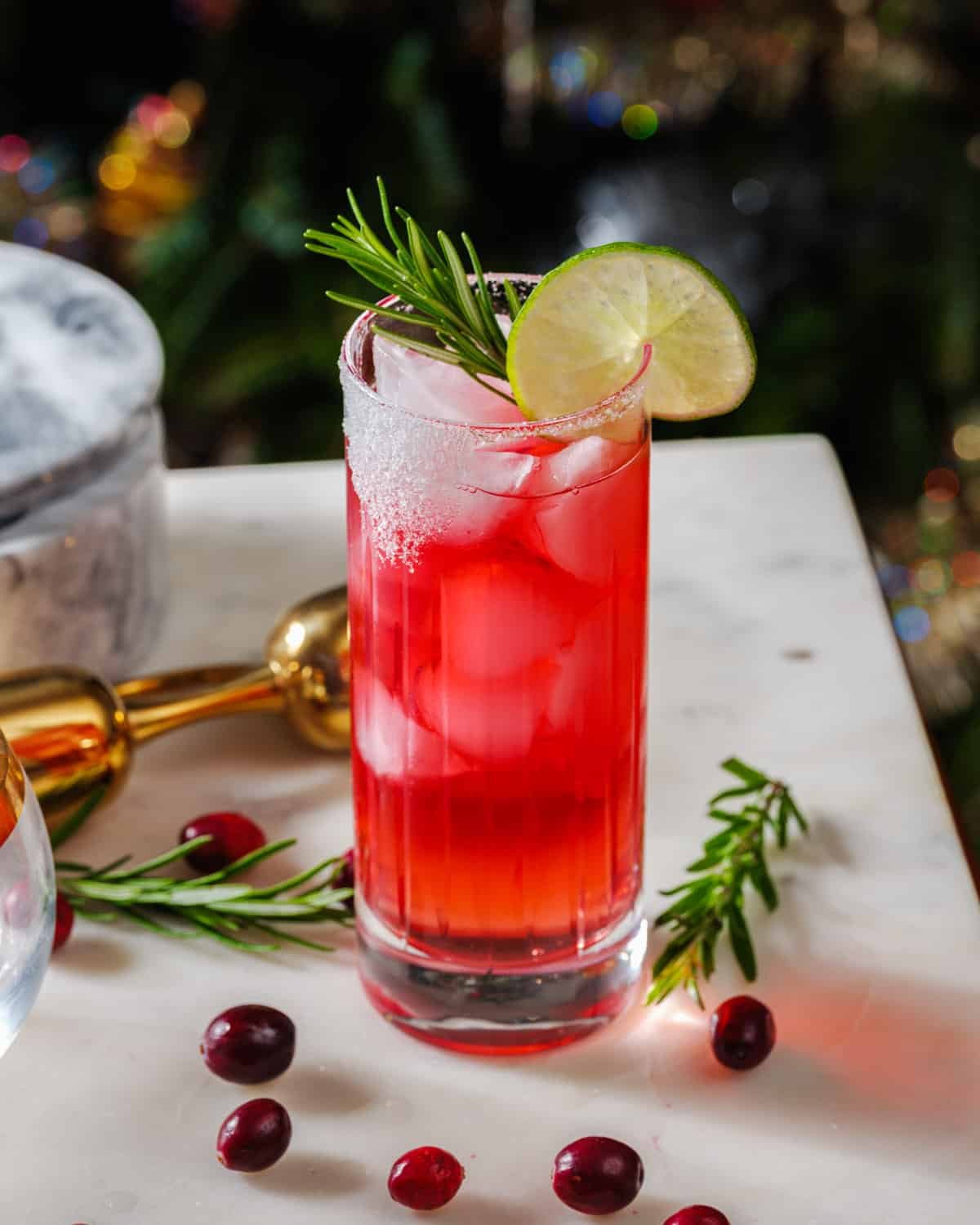Christmas Tequila Cocktail with lime and rosemary garnish