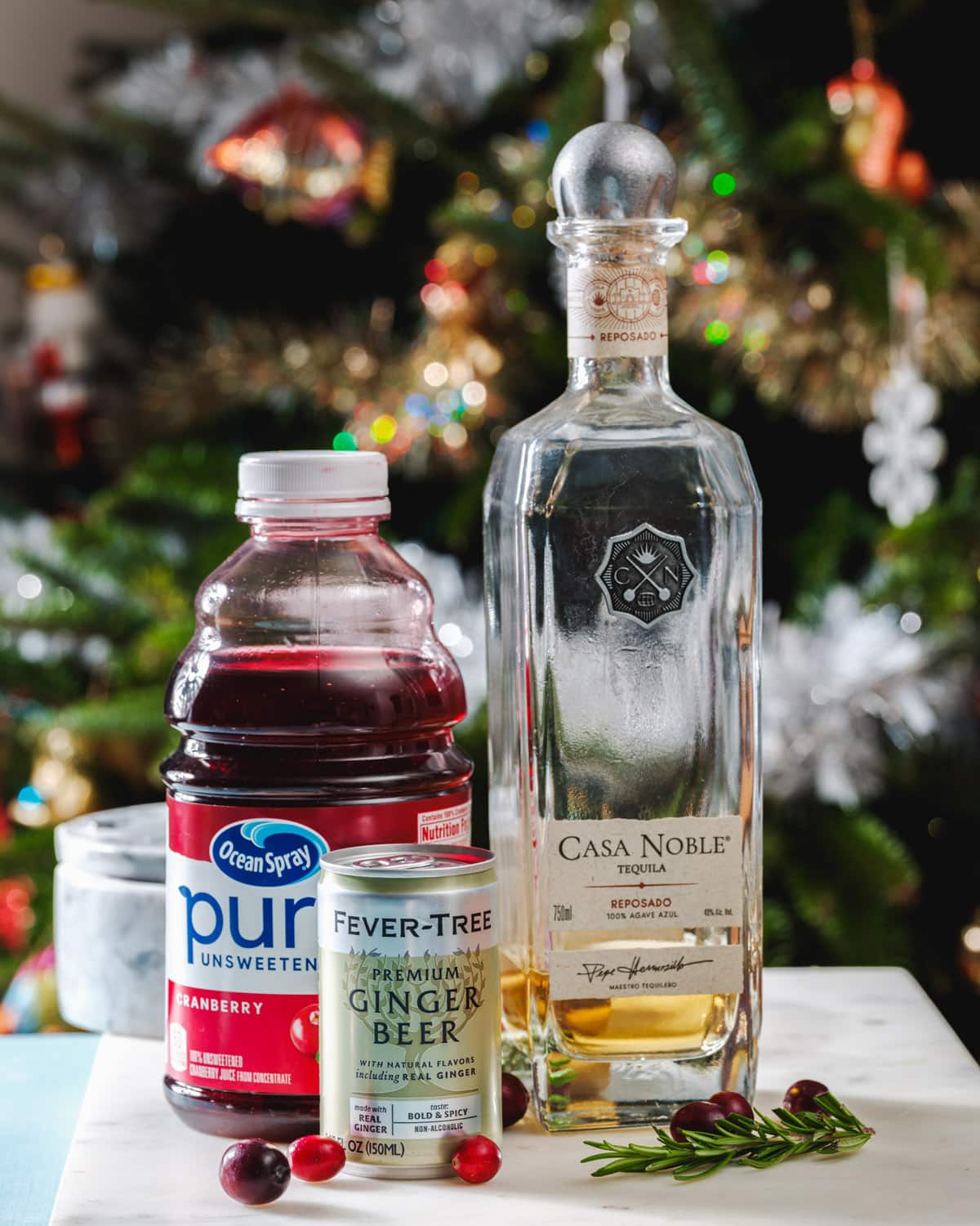 Christmas Tequila Cocktail ingredients: tequila, ginger beer, cranberry juice