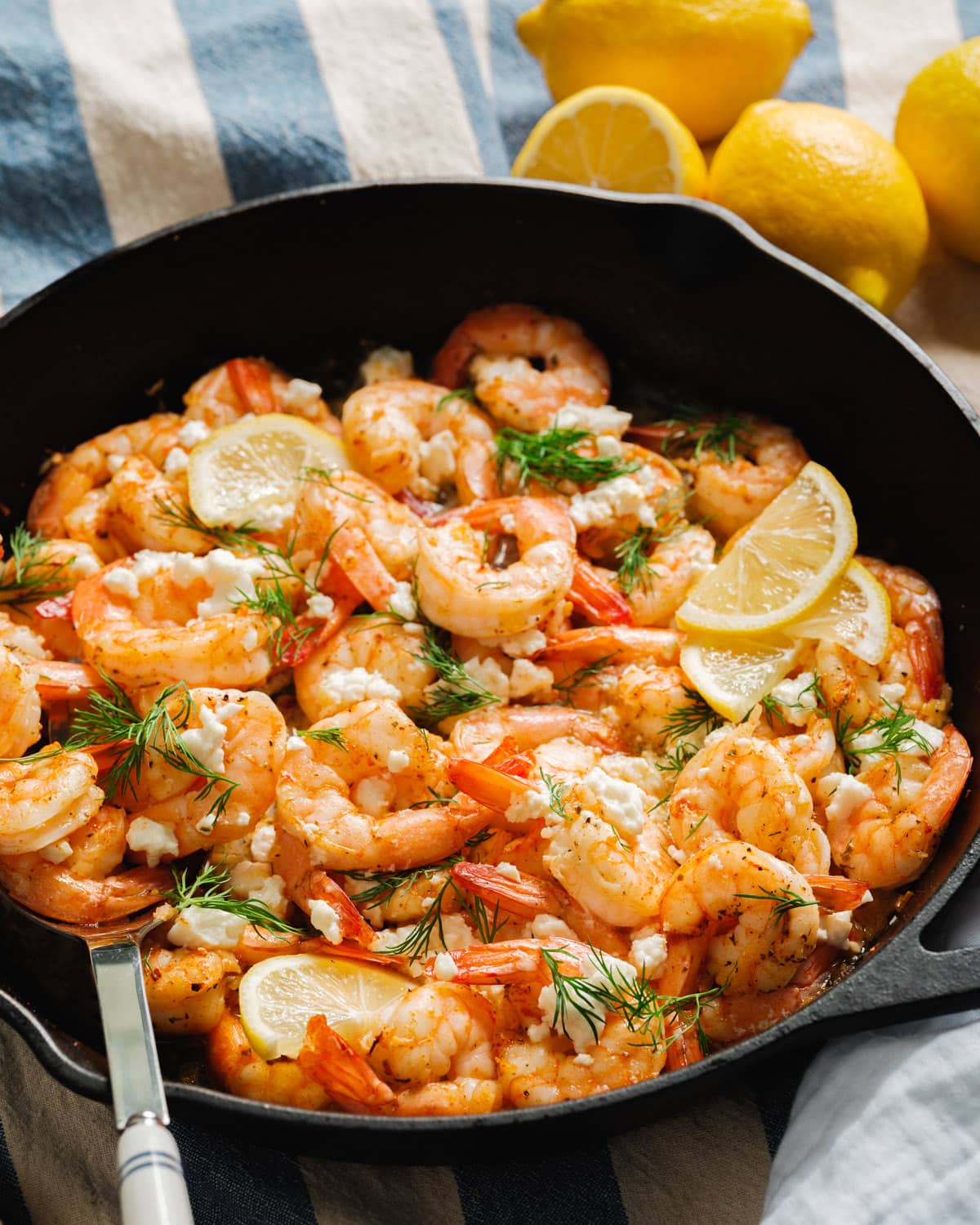 Mediterranean shrimp in cast iron skillet