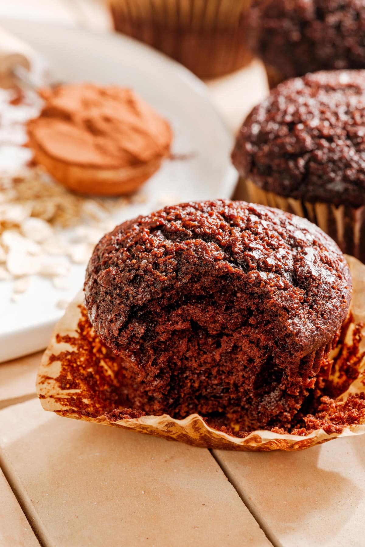 Healthy Chocolate Muffins close up on texture