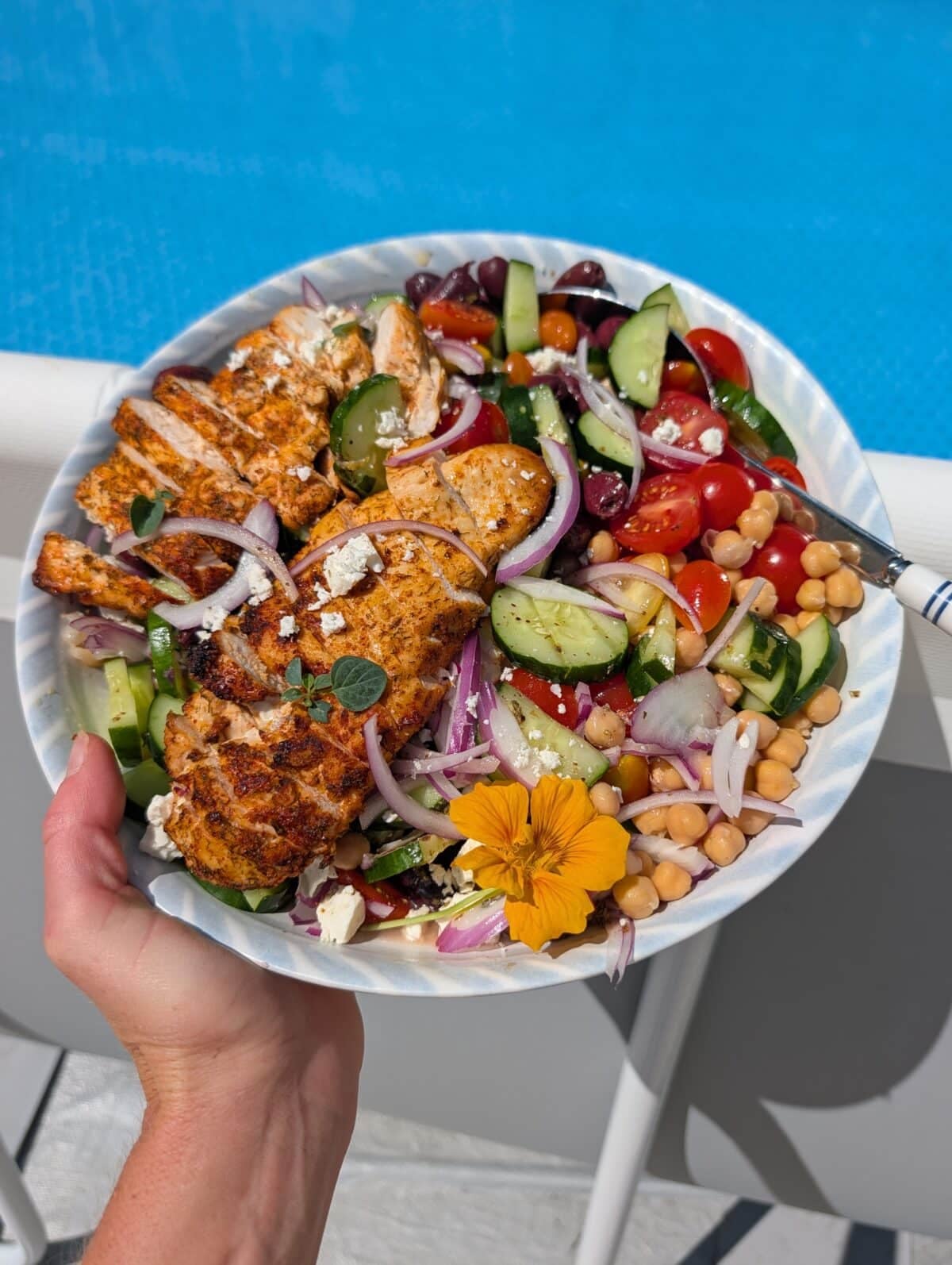 Greek salad by pool