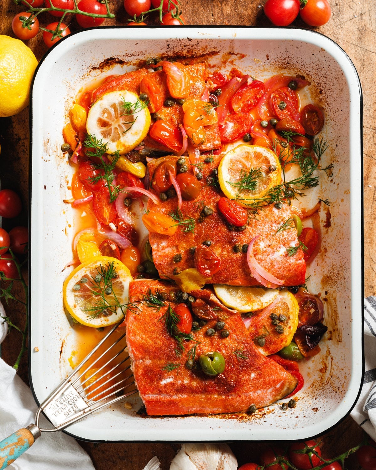 Mediterranean Diet Recipe: salmon and veggies in pan