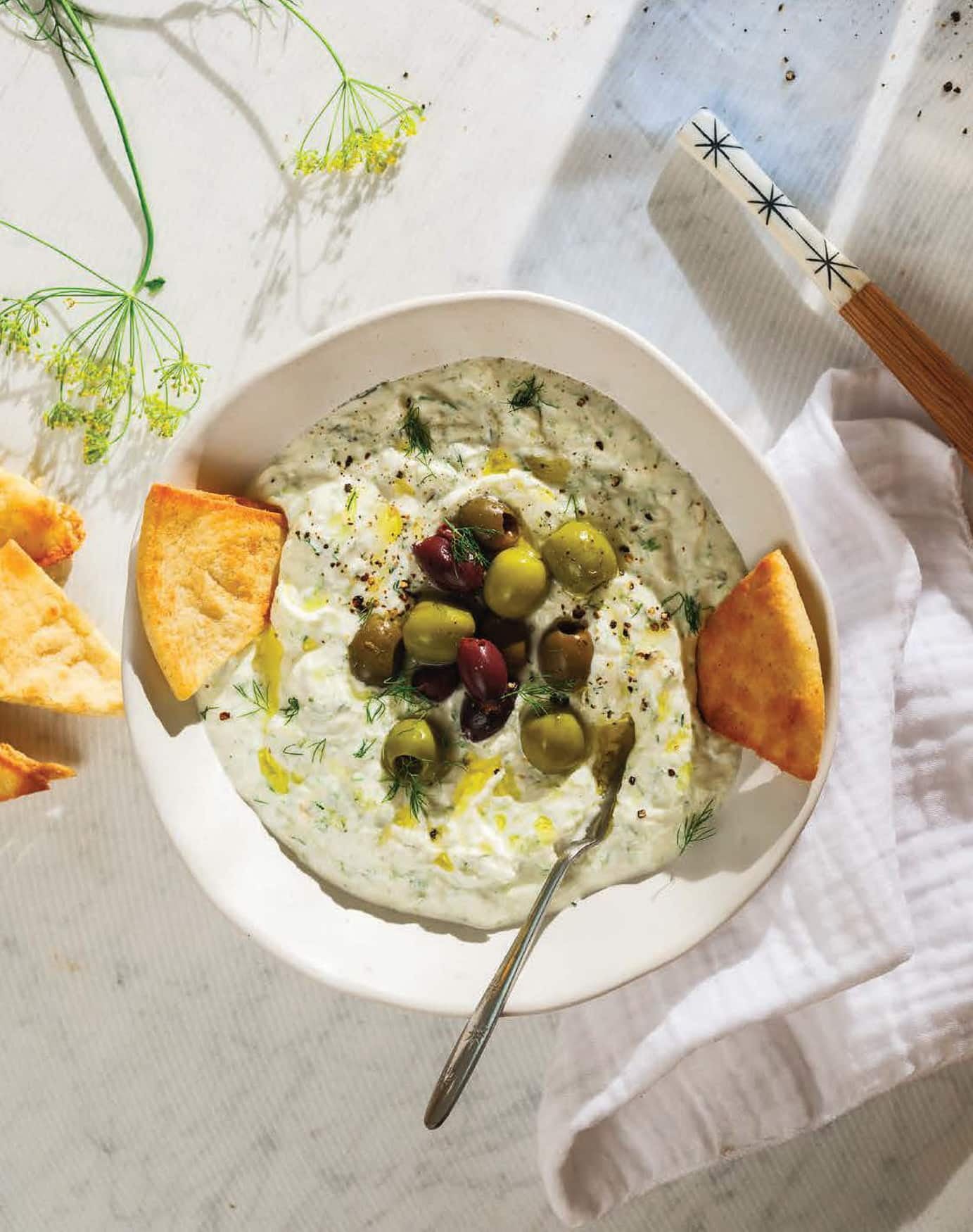 Recipe page spread from Mediterranean Every Night, with a photograph of every dish