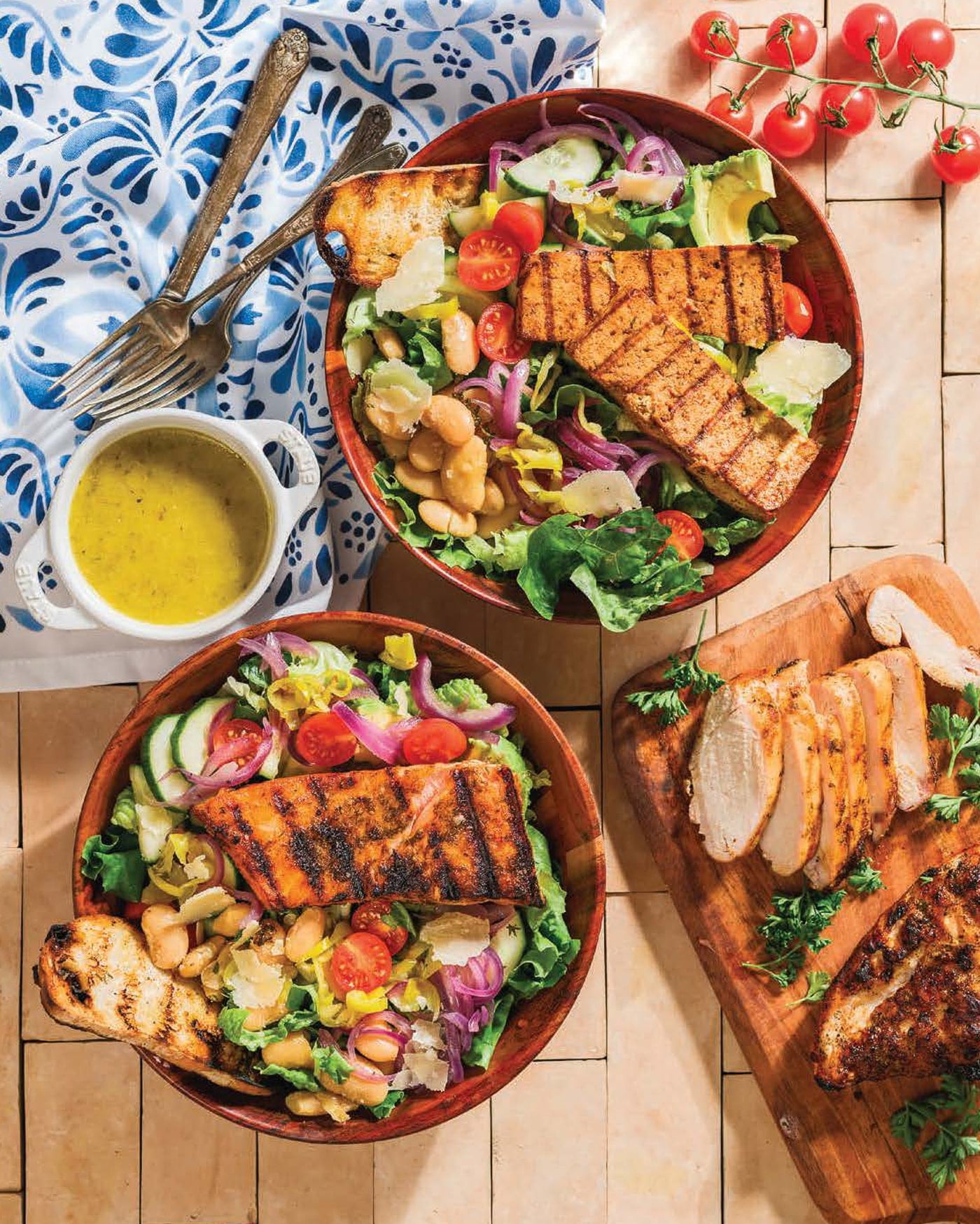Spread from Mediterranean Every Night showing mix-and-match Mediterranean bowl combinations