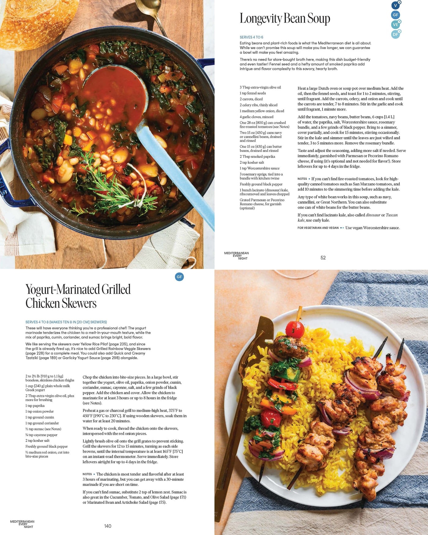 Interior spread from Mediterranean Every Night showing a recipe beside a full-page photograph of the finished dish