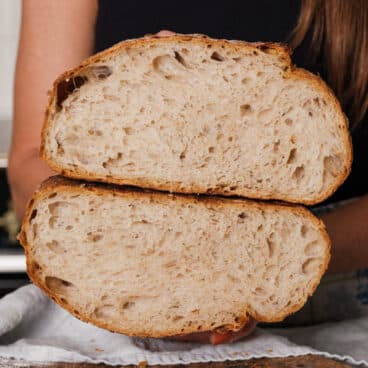 Easy Sourdough Bread Recipe, cut to show inside