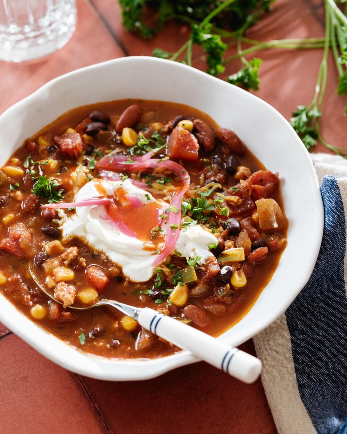 Easy chicken chili recipe in bowl
